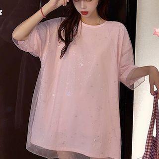 Elbow-sleeve Mock Two-piece Glitter Mesh T-shirt