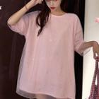 Elbow-sleeve Mock Two-piece Glitter Mesh T-shirt