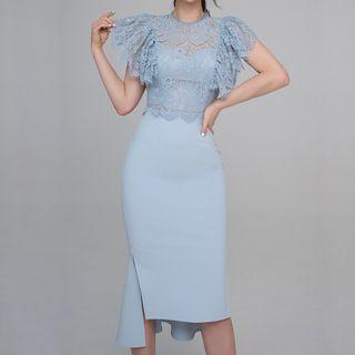 Set: Cap-sleeve Lace Blouse + Pencil Skirt