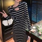 Long-sleeve Cutout Striped Midi Sheath Dress