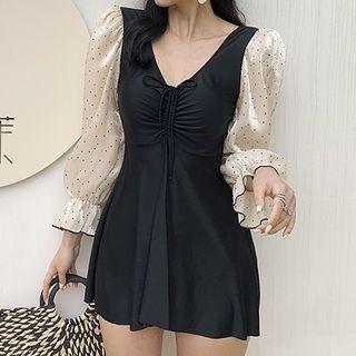 Long-sleeve Dotted Panel Swimdress