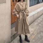 Long-sleeve Open-collar Tie-waist Midi A-line Dress