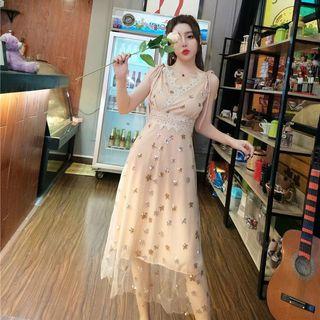 Sequined Star Shoulder-tie A-line Mesh Dress