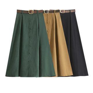 Belted Button-up Midi A-line Skirt