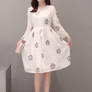 Flower Embroidered Long Sleeve Chiffon Dress