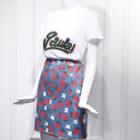 Applique Short-sleeve T-shirt / Strawberry Print High-waist Denim A-line Skirt