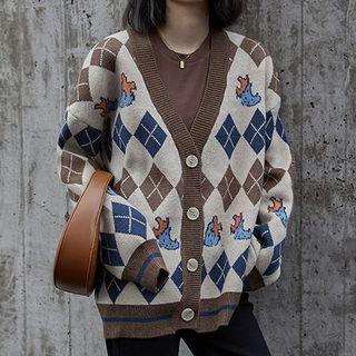 V-neck Argyle Cardigan Brown & Blue & Almond - One Size