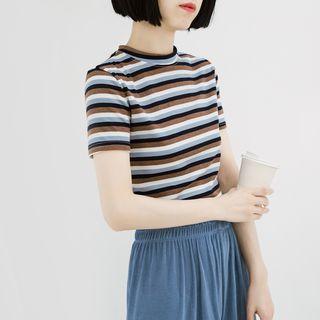 Mock Neck Short-sleeve Striped T-shirt