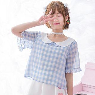 Plaid Elbow Sleeve Collared T-shirt