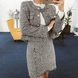 Set: Pocket-detail Tweed Jacket + Pencil Skirt