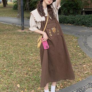 Set: Short-sleeve Plaid Blouse + Midi Overall Dress