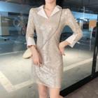 Sequined Long-sleeve Collared Dress