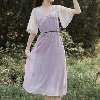 Flower Embroidered Mesh Panel Elbow-sleeve Midi Shift Dress