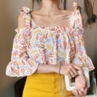 Leaf Print Elbow-sleeve Cold Shoulder Top