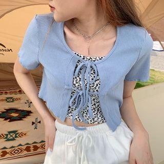 Leopard Print Camisole Top / Short-sleeve Tie-strap Cardigan
