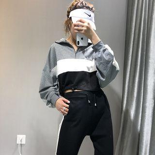 Mock-neck Colored Panel Cropped Sweatshirt