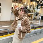Toggle-button Sherpa-fleece Jacket With Scarf Brown - One Size