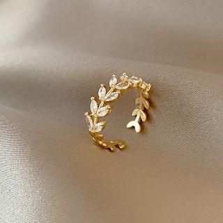 Leaf Rhinestone Alloy Open Ring J469 - Gold - One Size