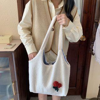Flower Accent Fleece Tote Bag Red Rose - Off-white - One Size