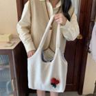 Flower Accent Fleece Tote Bag Red Rose - Off-white - One Size