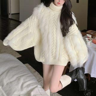 Turtleneck Cable Knit Chunky Sweater Dress Sweater - White - One Size