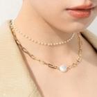 Faux Pearl Layered Choker Necklace - Gold - One Size