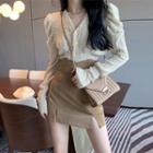V-neck Knit Top / Slit Mini A-line Skirt
