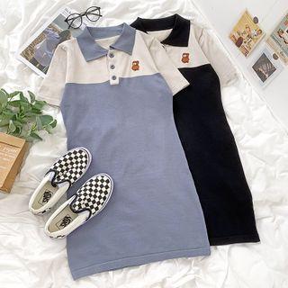 Short-sleeve Embroidered Color-block Mini Dress