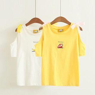 Fruit Embroidered Cut Out Shoulder Short Sleeve T-shirt