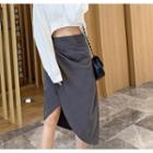 Plain Long-sleeve Crop Top / Irregular Hem High-waist A-line Skirt