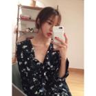 V-neck Long-sleeve Ruffle-front Floral Top