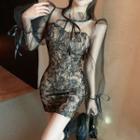 Long-sleeve Bow-neck Lace Mini Bodycon Dress
