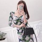 3/4-sleeve Floral Print Ruffle Hem Sheath Dress
