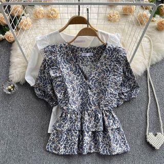 Puff-sleeve V-neck Ruffle Floral Top