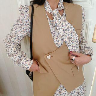 Set: Long-sleeve Bow Floral Mini A-line Dress + Asymmetrical Vest