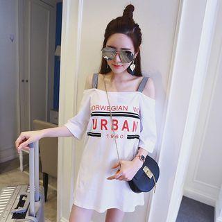Printed Cold Shoulder 3/4-sleeve Long T-shirt