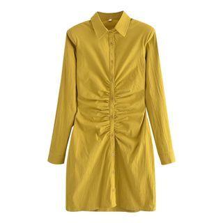 Long-sleeve Shirred Mini Shirtdress
