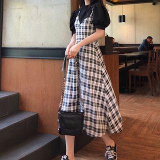 Set: Puff-sleeve Plain Blouse + Plaid Midi Overall Dress