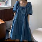 Balloon-sleeve A-line Denim Dress Blue - One Size