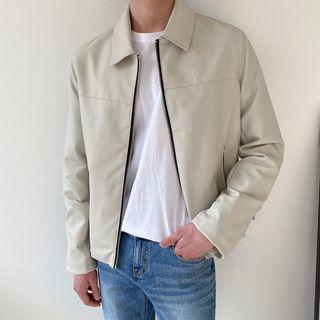 Collared Synthetic-leather Zip-up Jacket