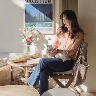 Inset Faux-pearl Tie Rollup-cuff Knit Top Pink - One Size