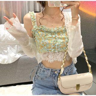 Floral Print Lace Trim Cropped Tank Top / Cardigan