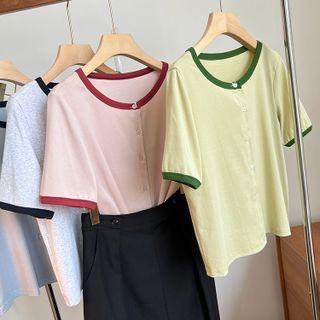 Short-sleeve Two-tone Button-up Top