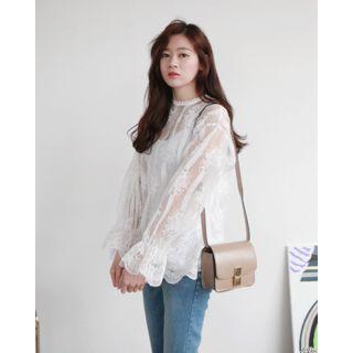 Ruffle-cuff See-through Lace Blouse