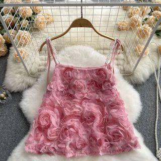Suspender Plain Accent-flower Top Pink - One Size