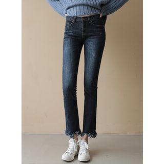 Fringed Brushed Fleece-lined Semi Boot-cut Jeans