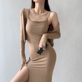 Set: Side-slit Sleeveless Midi Dress + Cape Top