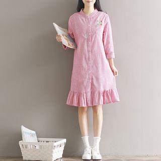 Fox Embroidered Pinstriped Long Sleeve Dress