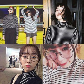 Turtleneck Long-sleeve Striped T-shirt