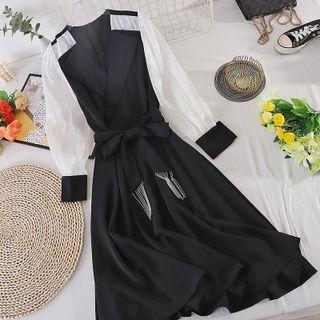 V-neck Color Panel Lace-up Strap Dress